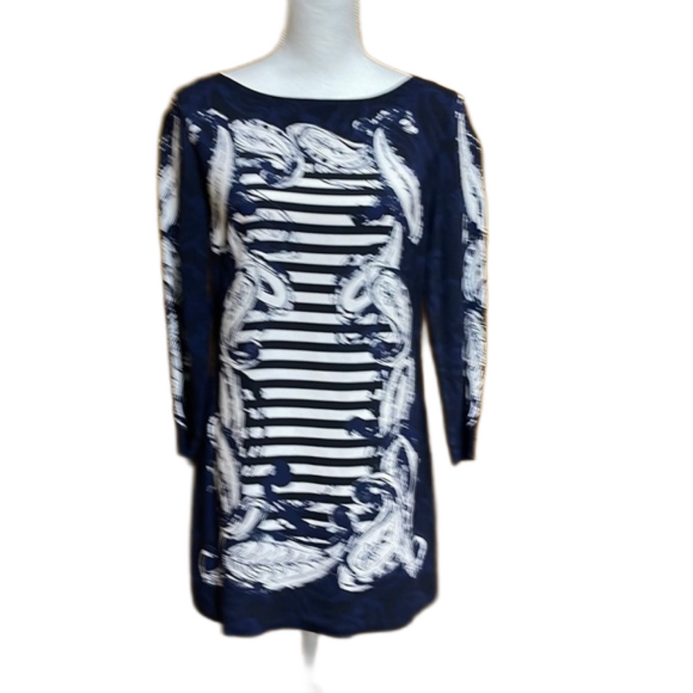Escada Navy and White Striped Paisley Tunic - EUC